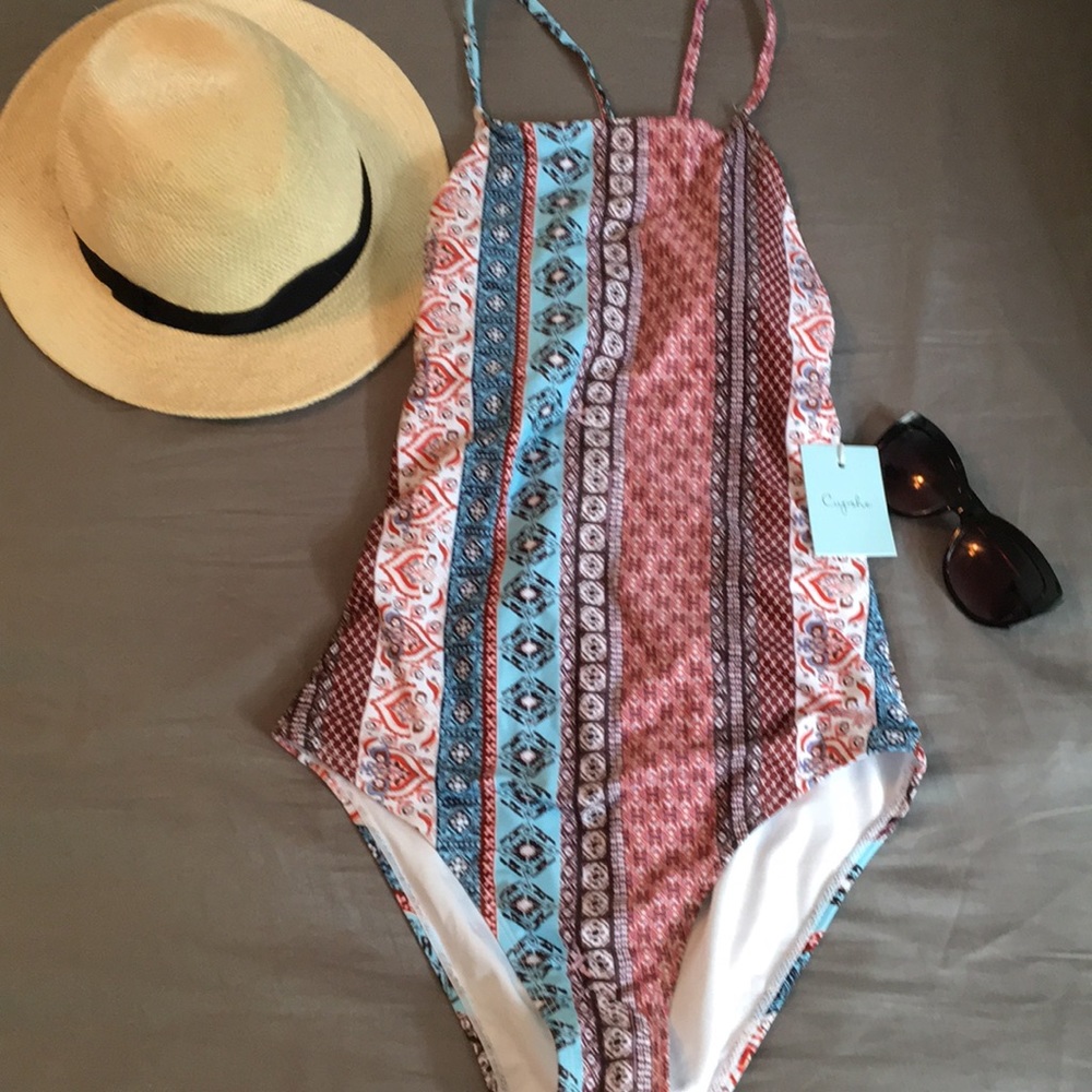 Red, Blue, & White Printed One Piece Bathing Suit